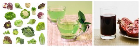 Разные виды капусты, зелёный чай, гранатовый сок